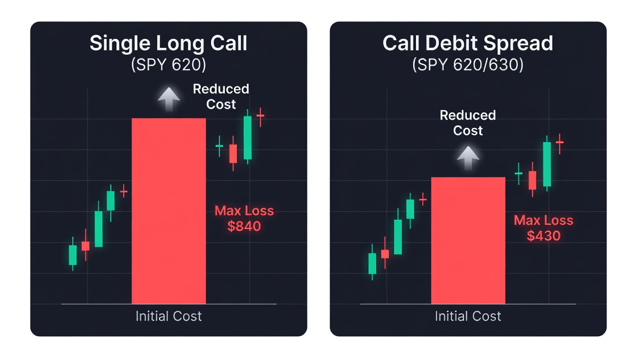 Why Trade Debit Spreads Instead Of Buying Single Options? -- Comparison Of Single Long Call Vs Call Debit Spread Showing Reduced Upfront Cost And Defined Risk With 'Debit Spreads Vs Single Options'
