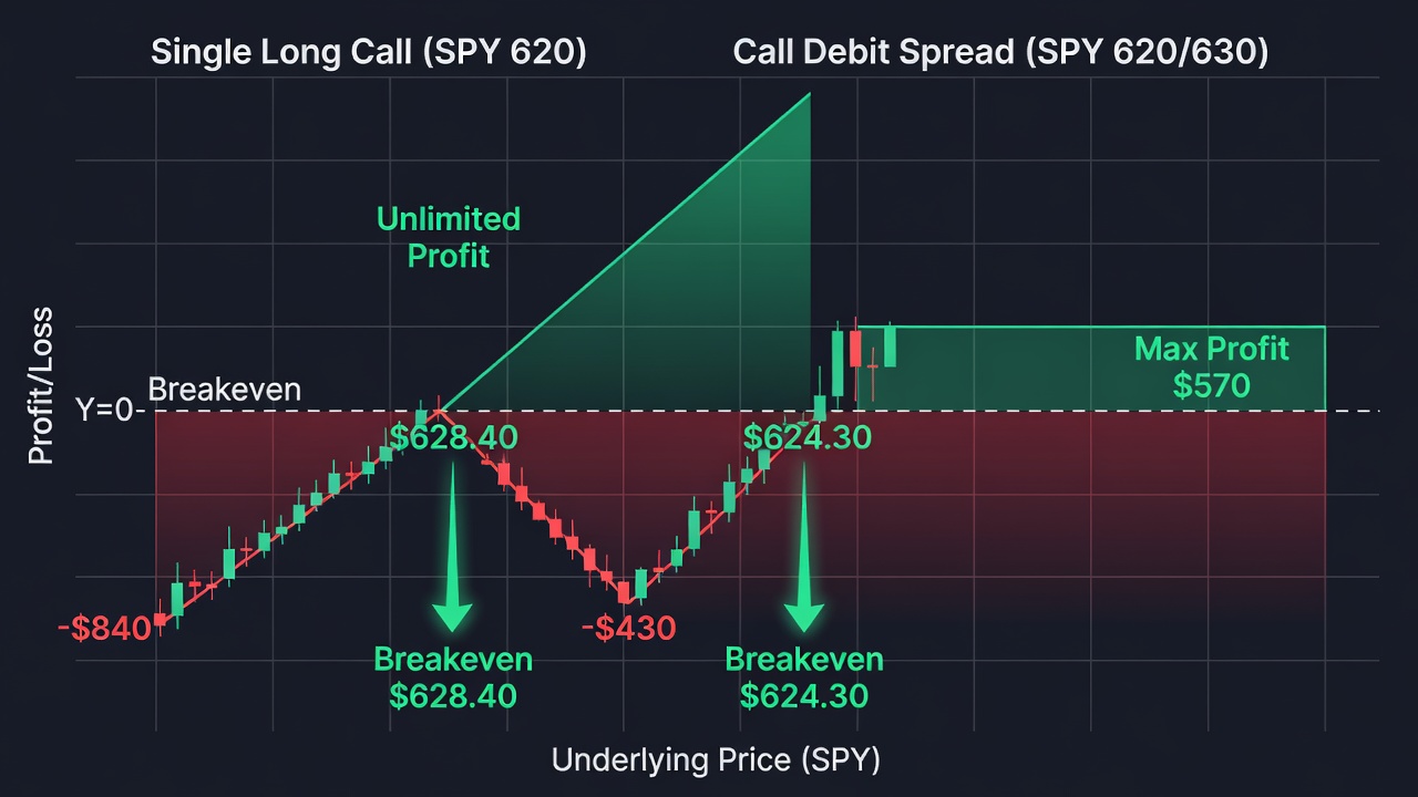Why Trade Debit Spreads Instead Of Buying Single Options? -- Payoff Diagram Comparing Breakeven Points For Single Long Call And Call Debit Spread, Highlighting 'Debit Spreads Vs Single Options'