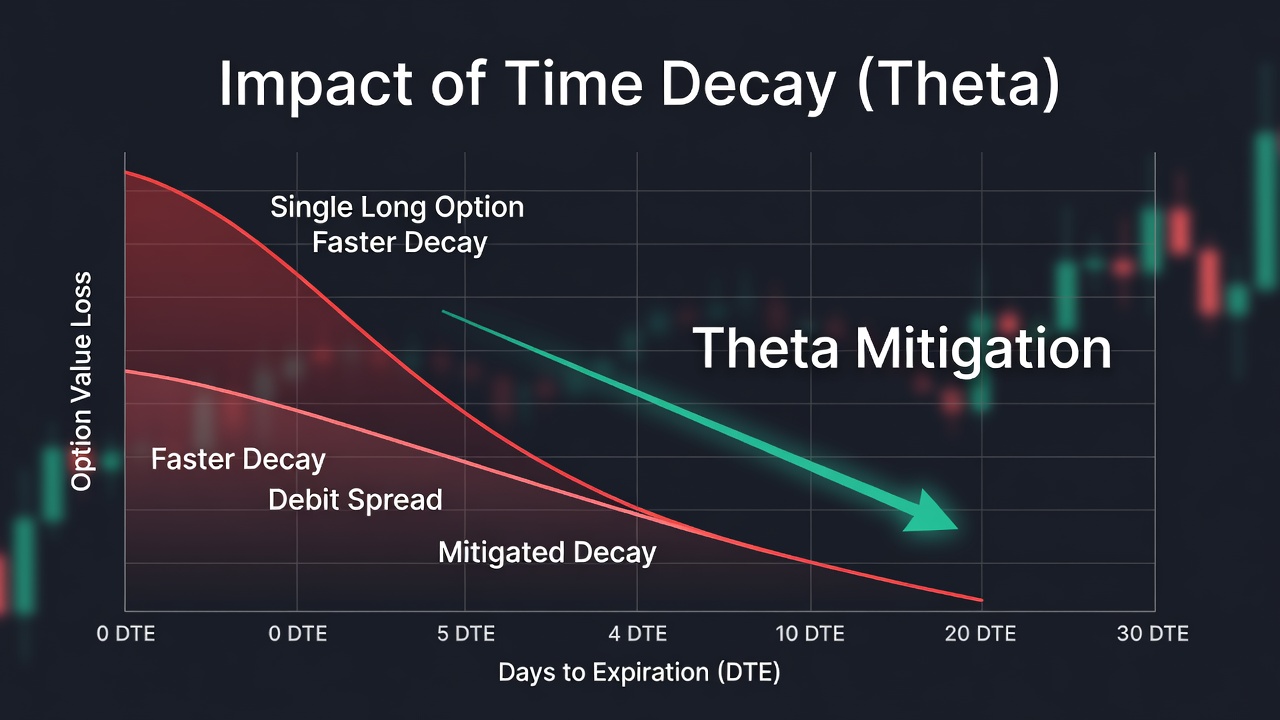 Why Trade Debit Spreads Instead Of Buying Single Options? -- Chart Showing Time Decay Mitigation For Debit Spreads Vs Single Options Over Time