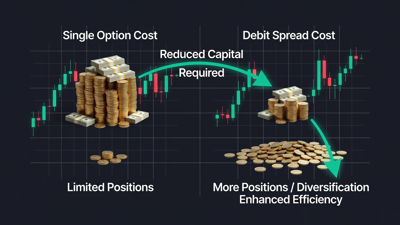 Why Trade Debit Spreads Instead Of Buying Single Options? -- Iconic Representation Of Capital Efficiency Using 'Debit Spreads Vs Single Options'