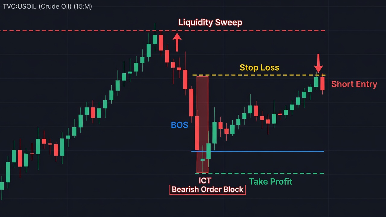 Trading Crude Oil Futures With Ict Bearish Order Blocks In Volatile Markets -- Trading Crude Oil Futures With Ict Bearish Order Blocks In Volatile Markets — Setup Diagram