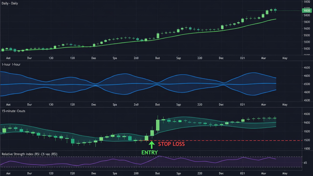 Multi-Timeframe Rsi &Amp; Bollinger Squeezes: Semi Breakouts -- Multi-Timeframe Analysis Chart Showing Daily Trend, 1-Hour Squeeze, And 15-Minute Execution Trigger