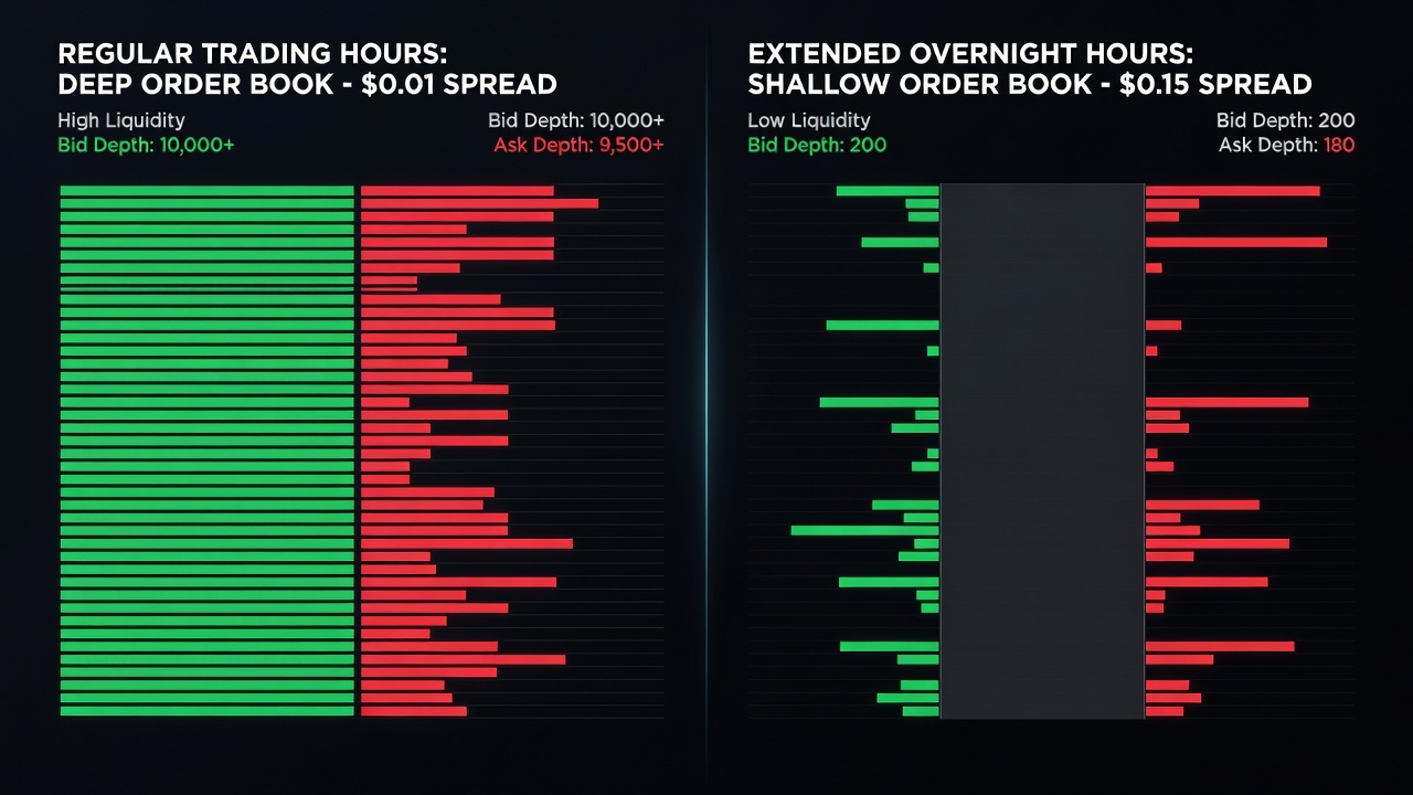 Order Book Depth Chart Comparing Regular Hours Tight Spread Versus Overnight Wide Bid-Ask Spread
